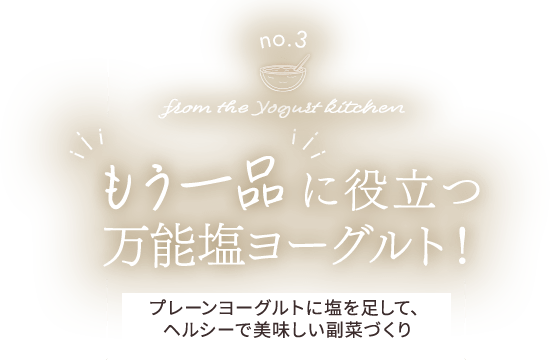 no.3 from the Yogurt kitchen “もう一品”に役立つ万能塩ヨーグルト！ プレーンヨーグルトに塩を足して、ヘルシーで美味しい副菜づくり