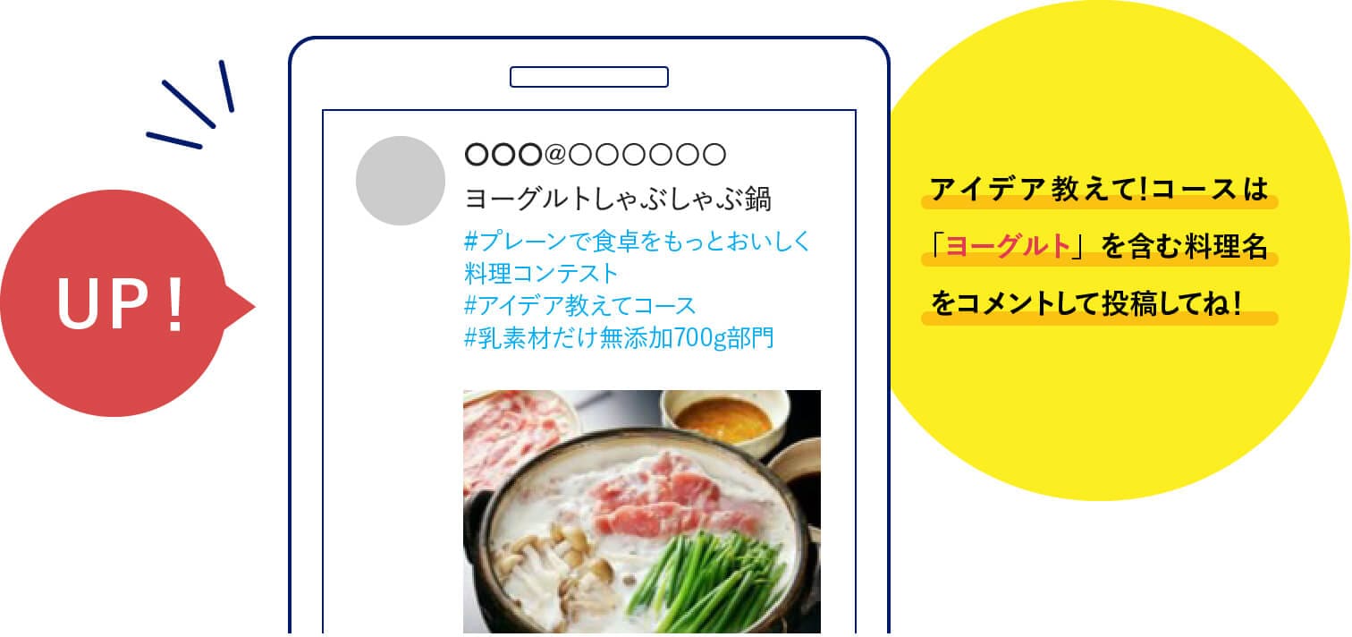 UP！アイデア教えてコースは「ヨーグルト」を含む料理名をコメントして投稿して